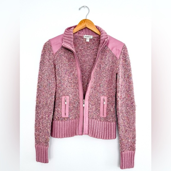 Vintage Y2K Bebe Pink Knit and Leather Zip Front Jacket - Picture 8 of 10